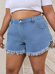 Women's Plus Fringe Trim High Rise Denim Shorts