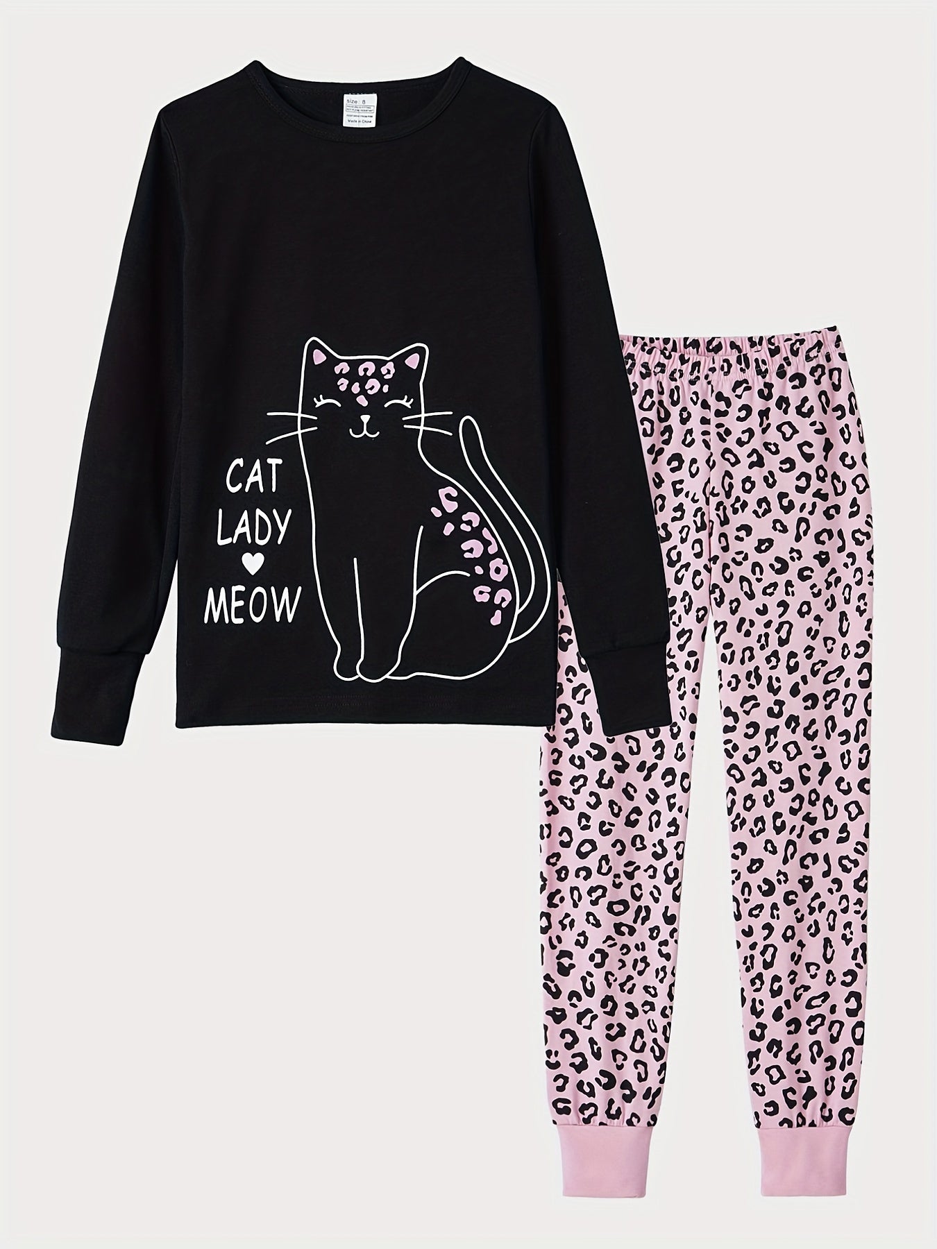 Girls Leopard Print Pajamas Set with Cat Cartoon Top
