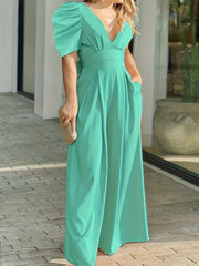 Sexy Plunging Neck Jumpsuit Ruched Short Sleeve Women's Clothing