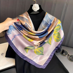 Vintage Flower Print Satin Shawl Square Scarf