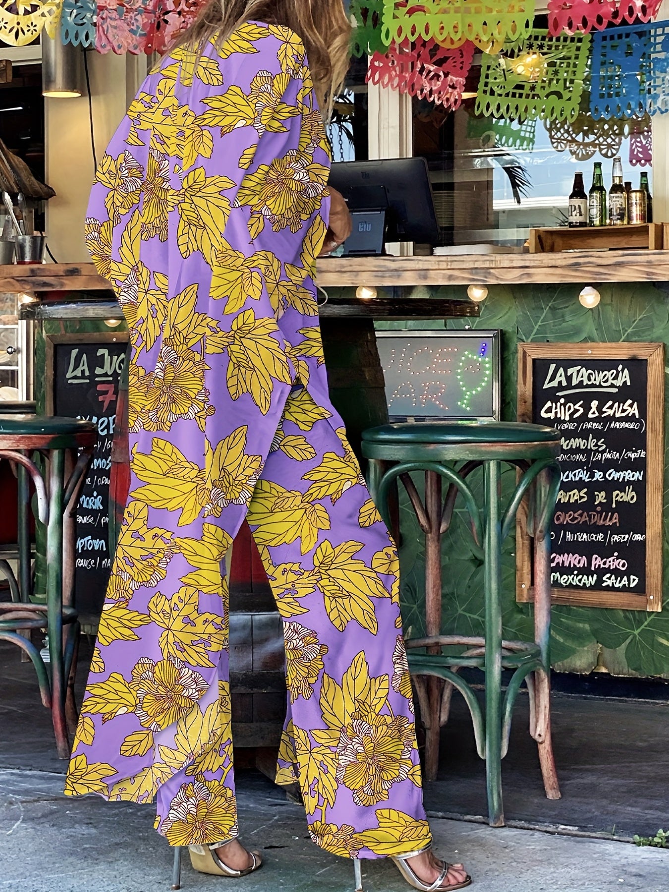 Purple Floral Pattern 2 Pc Swimsuit & Cover Up Set