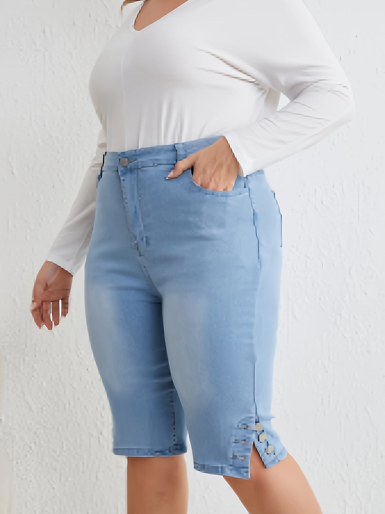 Washed Button High Rise Skinny Denim Shorts