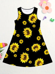 Girls Sunflower Print Sleeveless Loose Fit Summer Dress
