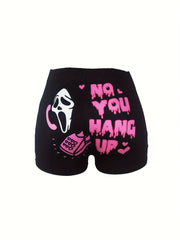 Halloween Skull & Slogan Print Shorts