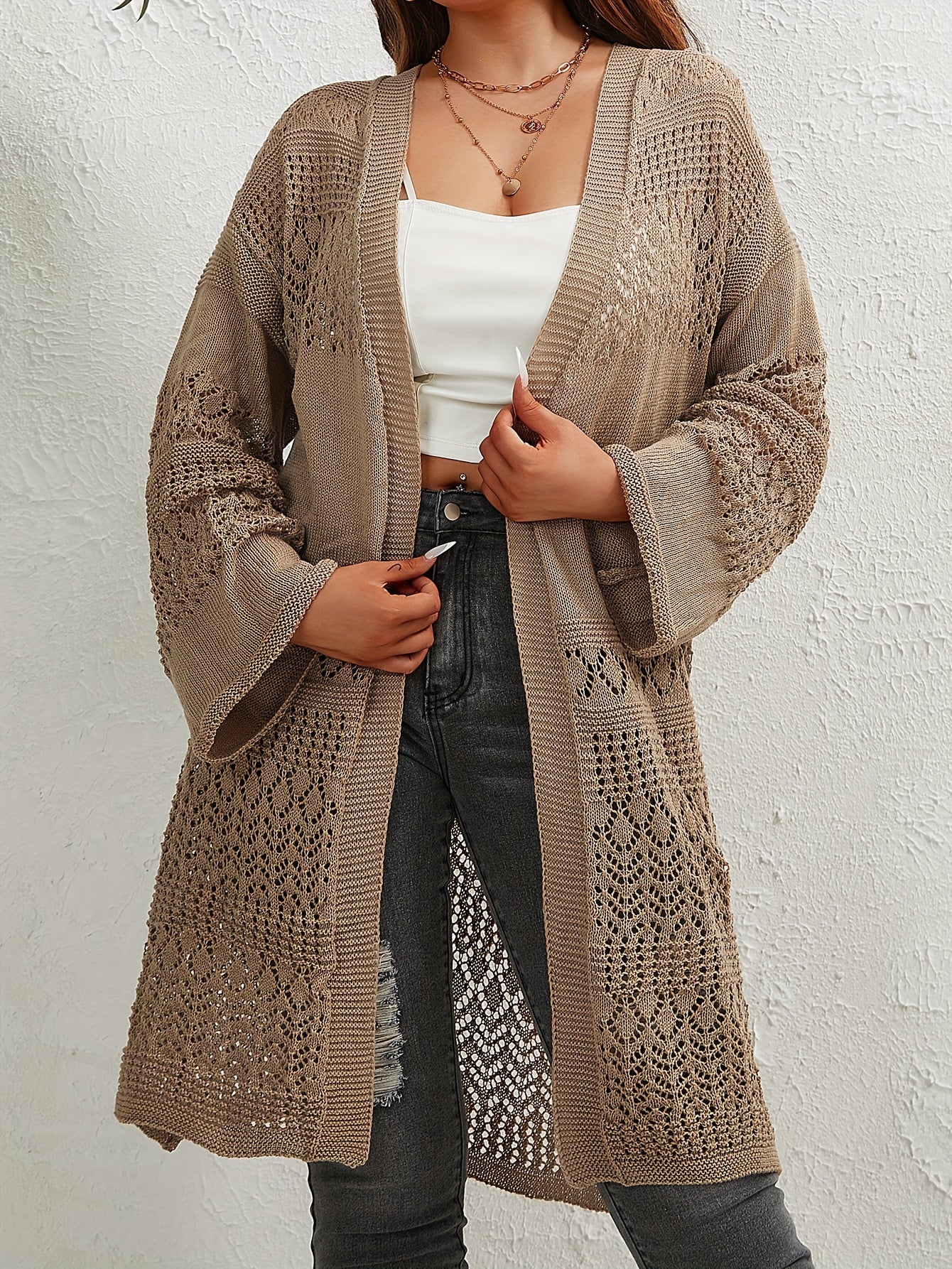 Casual Cardigan Solid Jacquard Long Sleeve Open Front