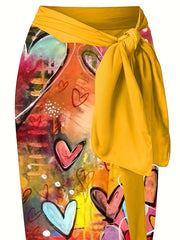 Graffiti Heart Print Tie Shoulder One Piece Bathing Suit with Sarong Cover Up