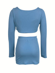 Solid Sexy Two piece Set Long Sleeve Cropped Tops & Split Bag Hip Skirts Outfit