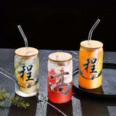 Chinese Character Pattern Glass Coffee Cup with Lid 500ml