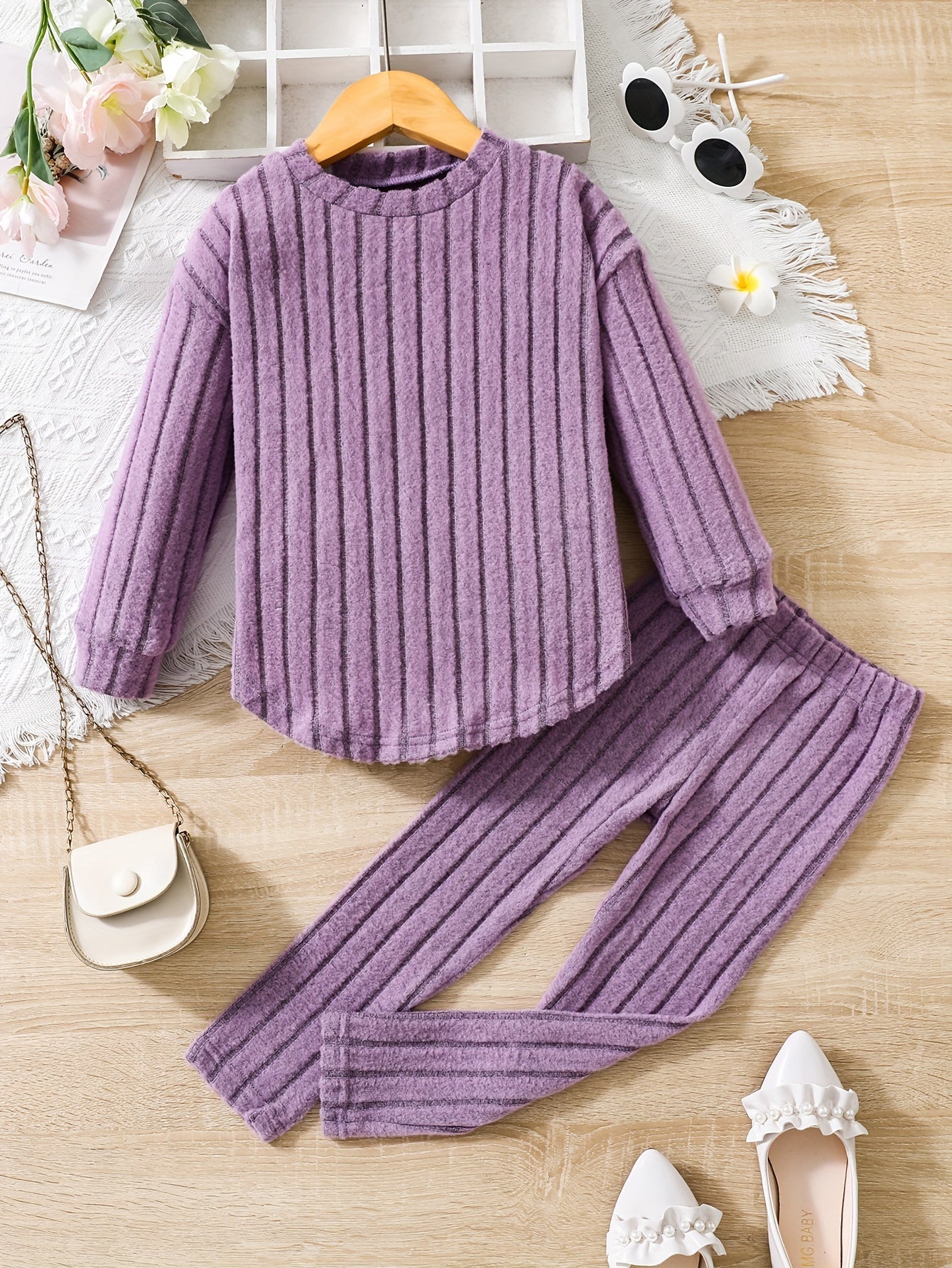 Girl's Ribbed Top & Leggings Set Soft Casual Outfits