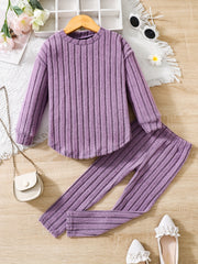 Girl's Ribbed Top & Leggings Set Soft Casual Outfits