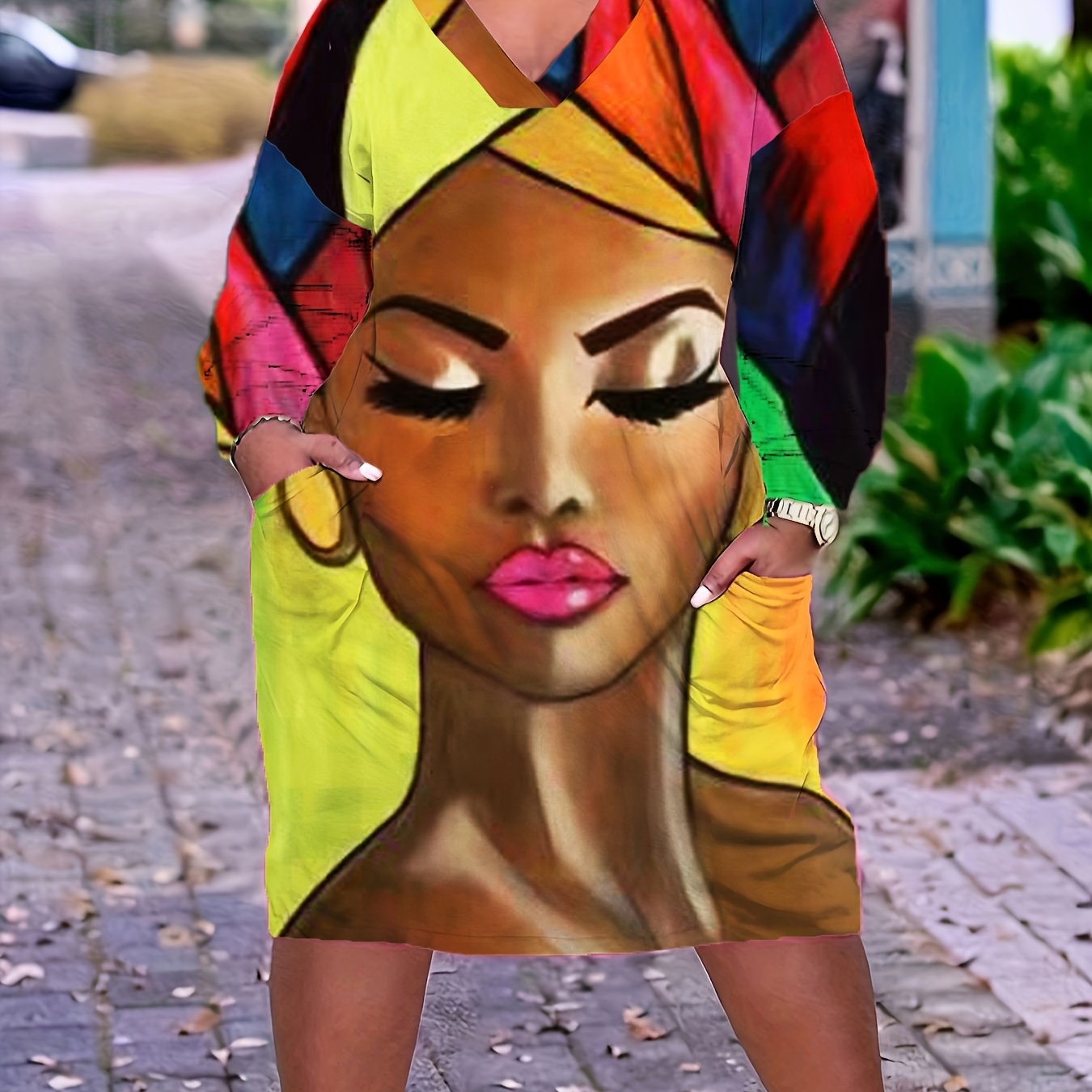 Colorblock Figure Print V Neck Dress