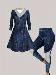 Denim Print Button Decor Top & Leggings Set