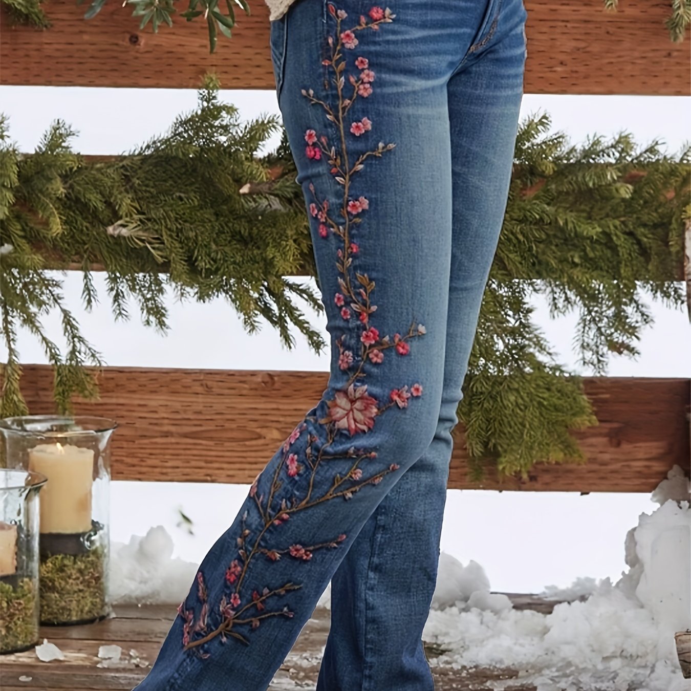 Women's Plus Embroidered Button Fly High Rise Jeans