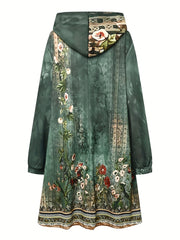 Floral Print Oversized Hoodie Drawstring Casual Sweatshirt