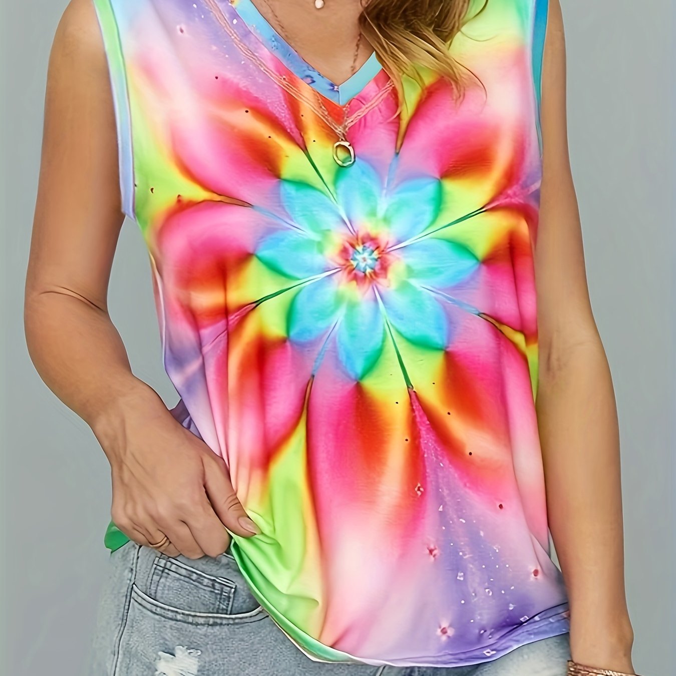 Women's Plus Tie Dye Floral Print V Neck Stretch Tank Top