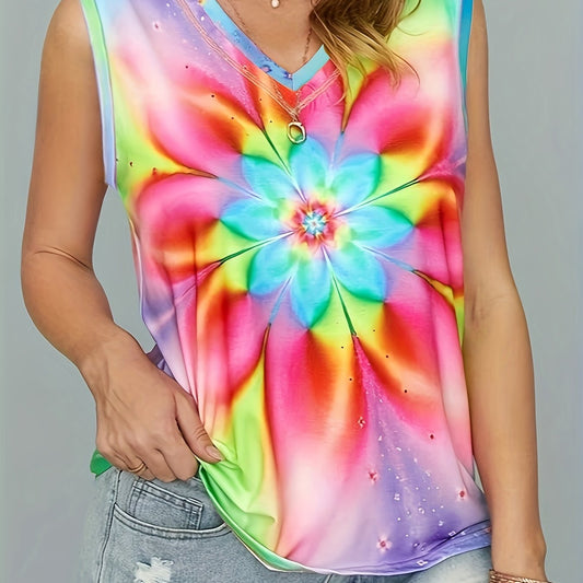 Women's Plus Tie Dye Floral Print V Neck Stretch Tank Top