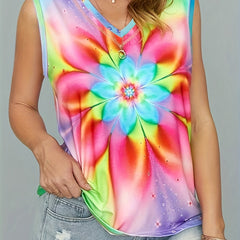 Women's Plus Tie Dye Floral Print V Neck Stretch Tank Top