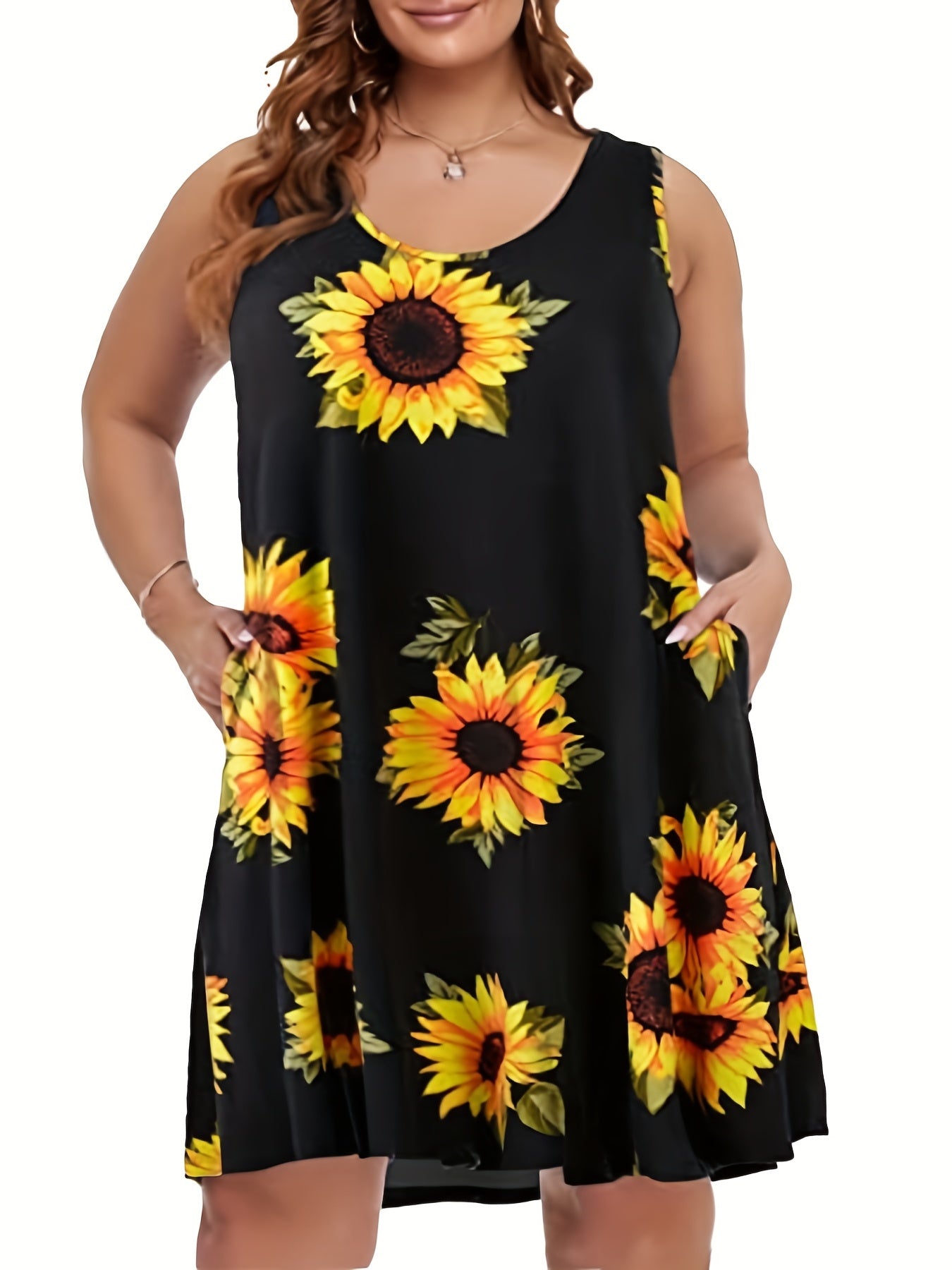 Sunflower Print Tank Dress With Pockets
