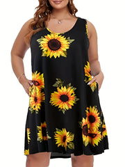 Sunflower Print Tank Dress With Pockets