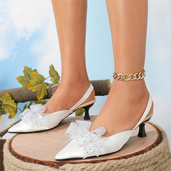 Mesh Bow-Kitten Heels Rhinestone Slingback Sandals