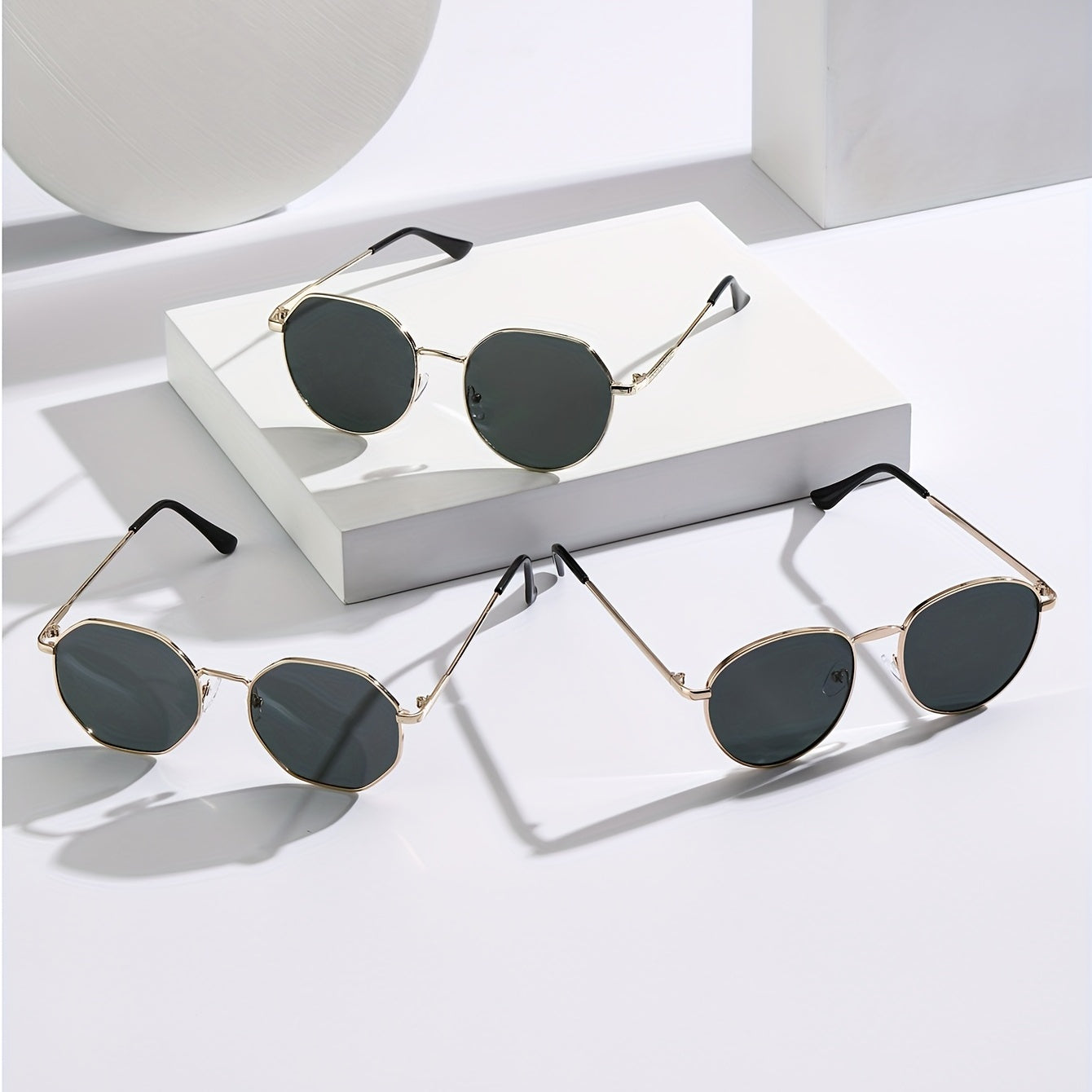 3pcs Metal Round Frame Sunglasses UV 400 Protection