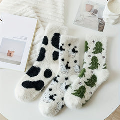 3 Pairs Animals Pattern Socks Warm & Fuzzy Mid Tube Women's Stockings