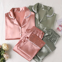 2 Sets Solid Satin Lounge Set Long Sleeve Buttons Top & Elastic Waistband Pants
