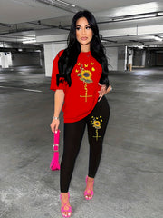Sunflower & Butterfly Print Two piece Crew Neck Top & Pants Set