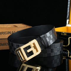 Men's Checkerboard Pattern Cowhide Belt 3 1/4in Auto Buckle Adjustable 304 Stain