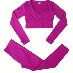 2pcs Solid Yoga Sports Sets Long Sleeve Crop Top & Leggings Women's Activewear