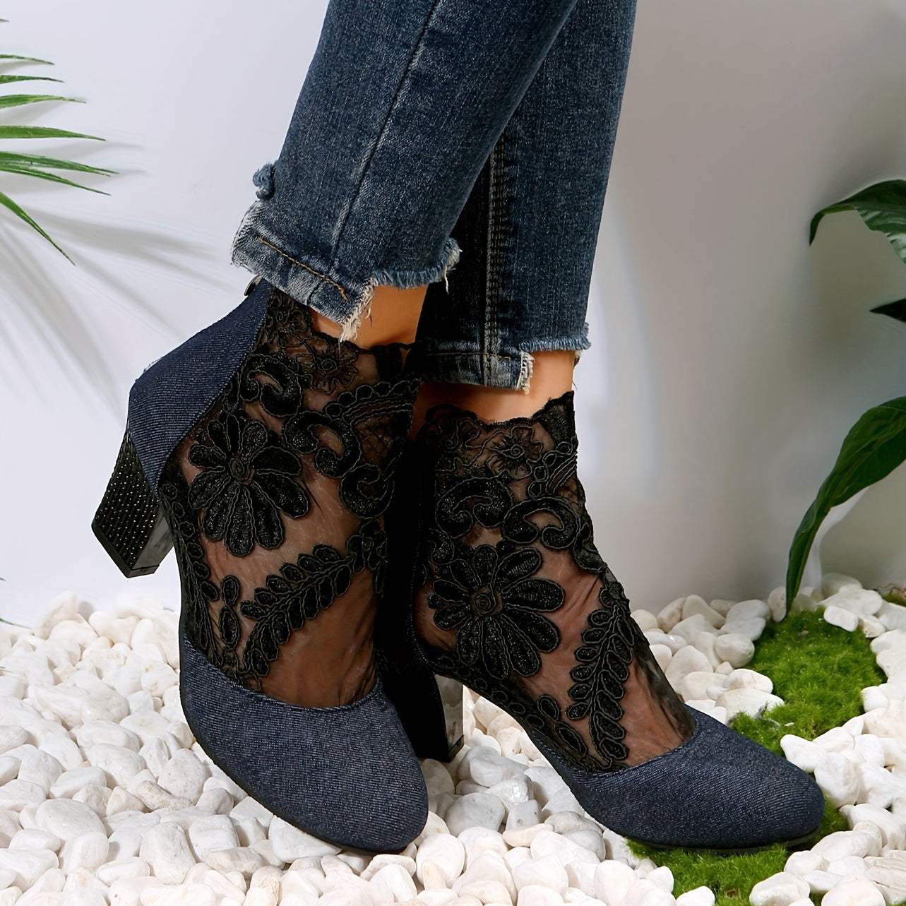Floral Lace Ankle Boots Chunky Heeled Sandals Dress Heeled Boots