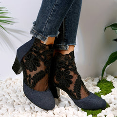 Floral Lace Ankle Boots Chunky Heeled Sandals Dress Heeled Boots