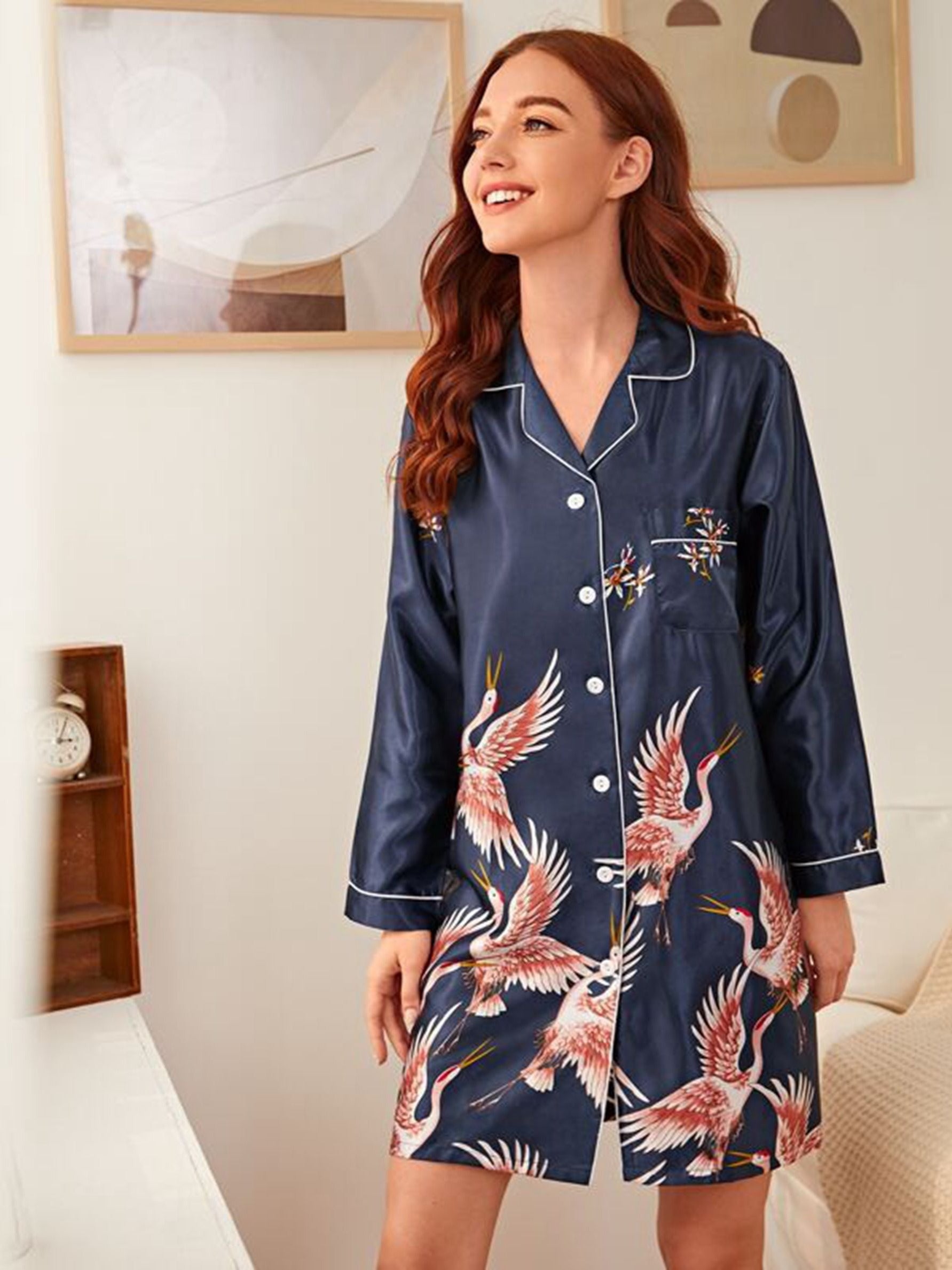 Women's Satin Collared Pocket Pajama Dress