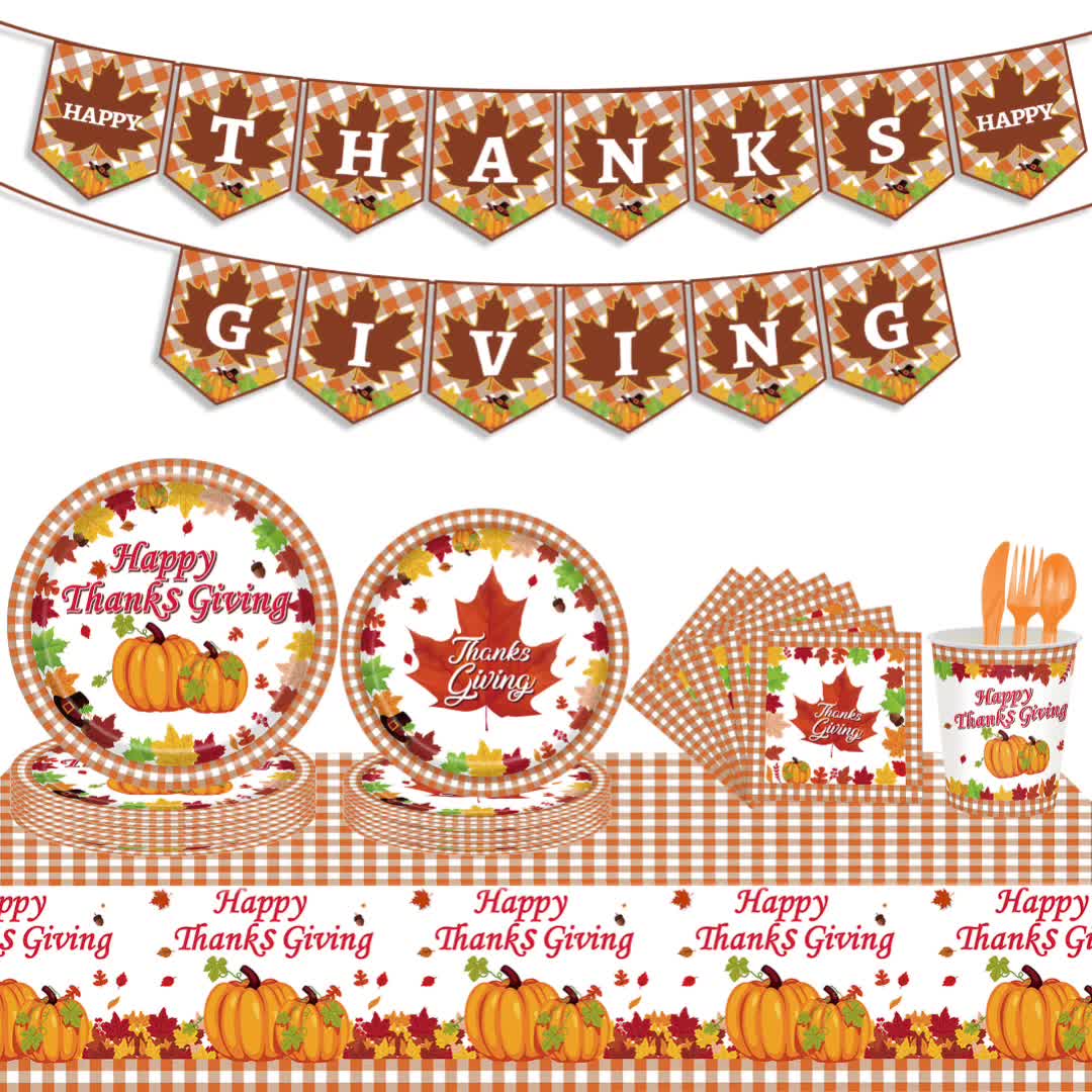 Thanksgiving Checkered Maple Leaf Tablecloth Happy Thanksgiving Pumpkin Supplies