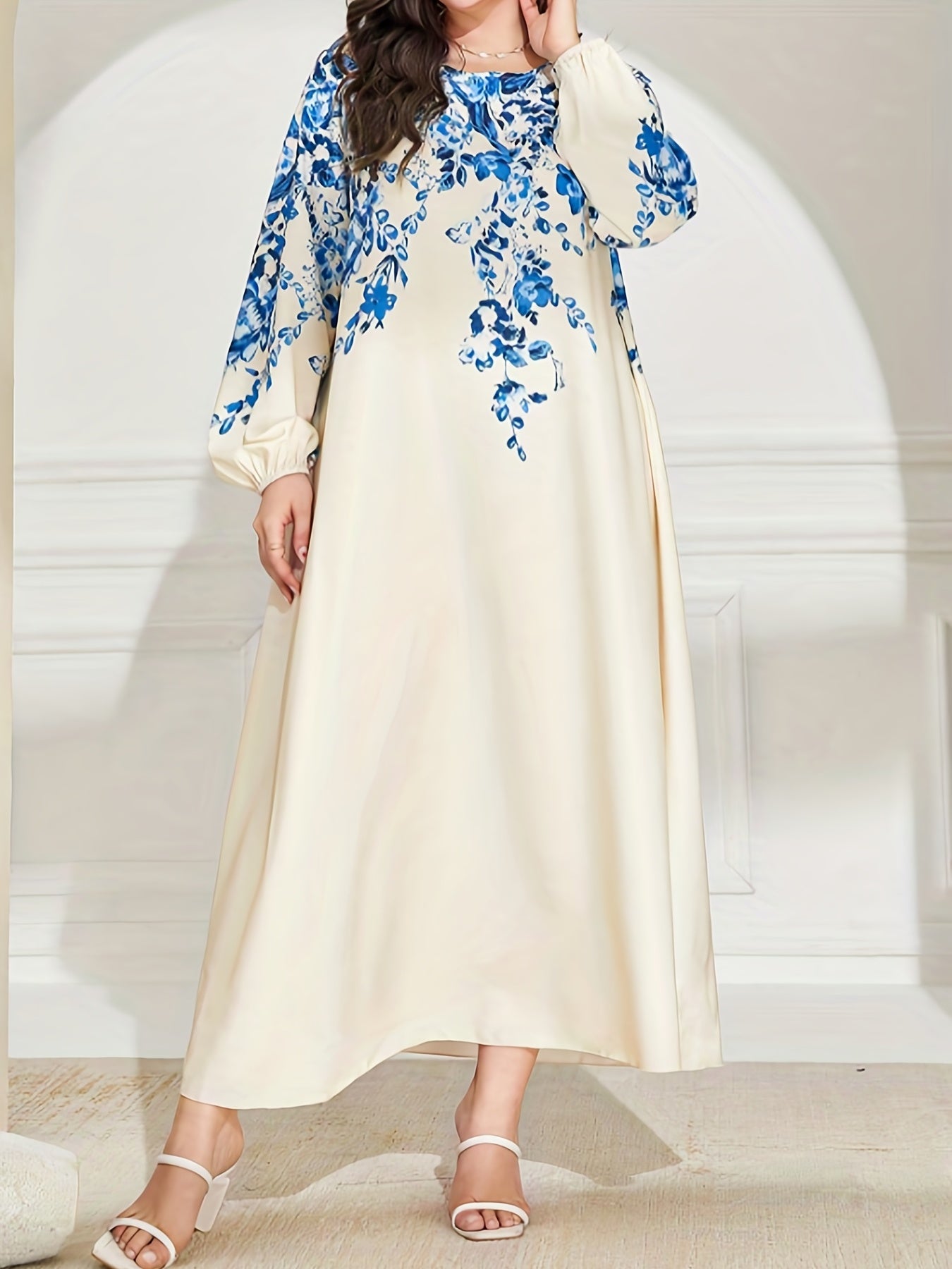 Floral Print Lantern Sleeve Maxi Abaya Dress