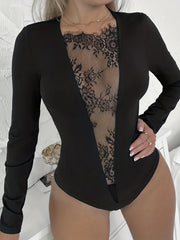 Sexy Lace Splicing Semi Sheer Bodysuit Long Sleeve Slim One Piece Bodysuit