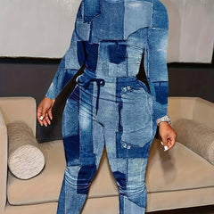 Denim Print Long Sleeve Crop Top & Leggings Set