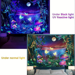 Blacklight Fantasy Forest Moon Tapestry UV Reactive Butterfly Space Wall Hanging