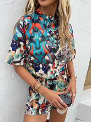 Paisley Print Two Piece Set Short Sleeve T shirt & Elastic Shorts Outfit