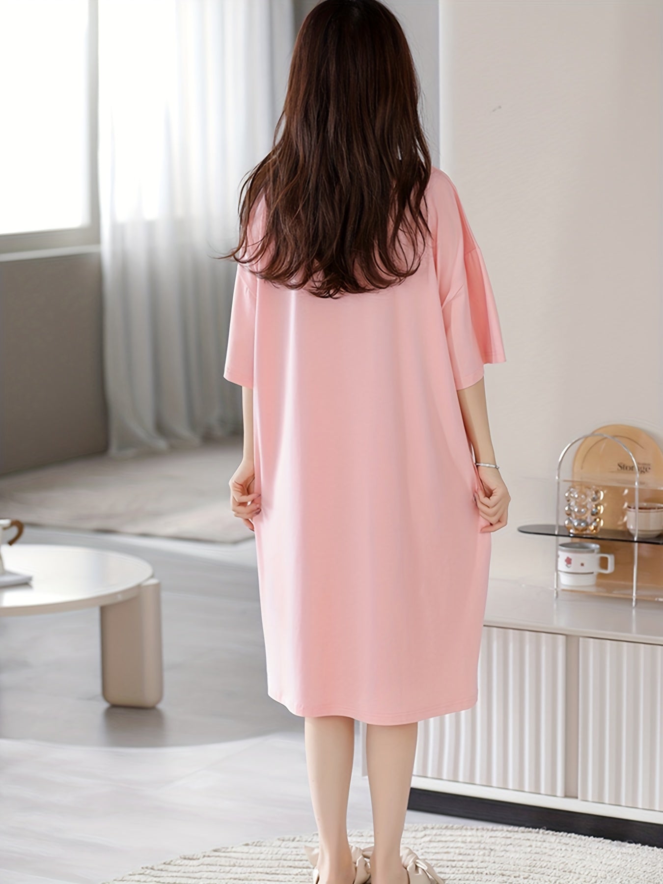 Rainbow Print Pullover Pajama Dress Mid Sleeve Nightgown