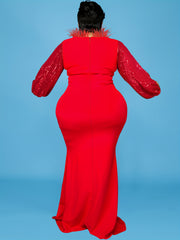 Contrast Sequin Fuzzy Decor Neck Long Sleeve Mermaid Dress