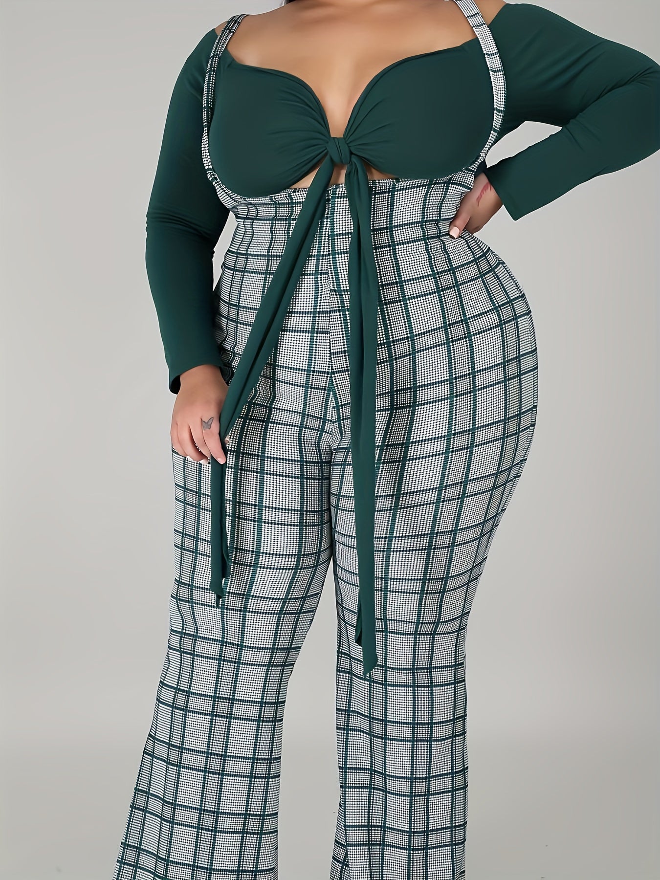 Long Sleeve Crop Top & Plaid Wide Leg Jumpsuit Set