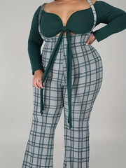 Long Sleeve Crop Top & Plaid Wide Leg Jumpsuit Set