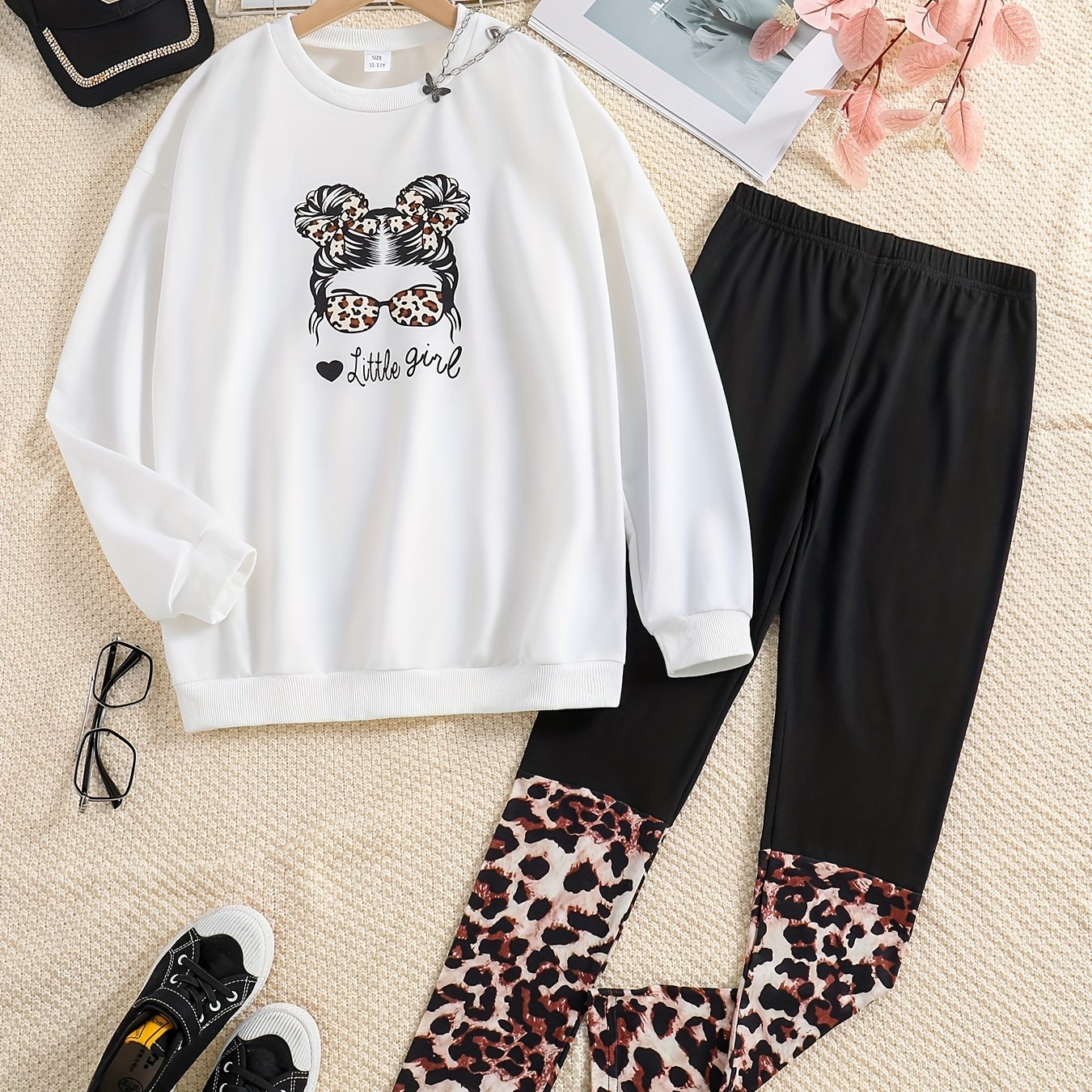 Girls Leopard Print Sweatshirt Top & Leggings Set for Kids