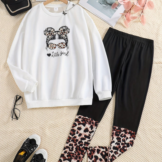Girls Leopard Print Sweatshirt Top & Leggings Set for Kids