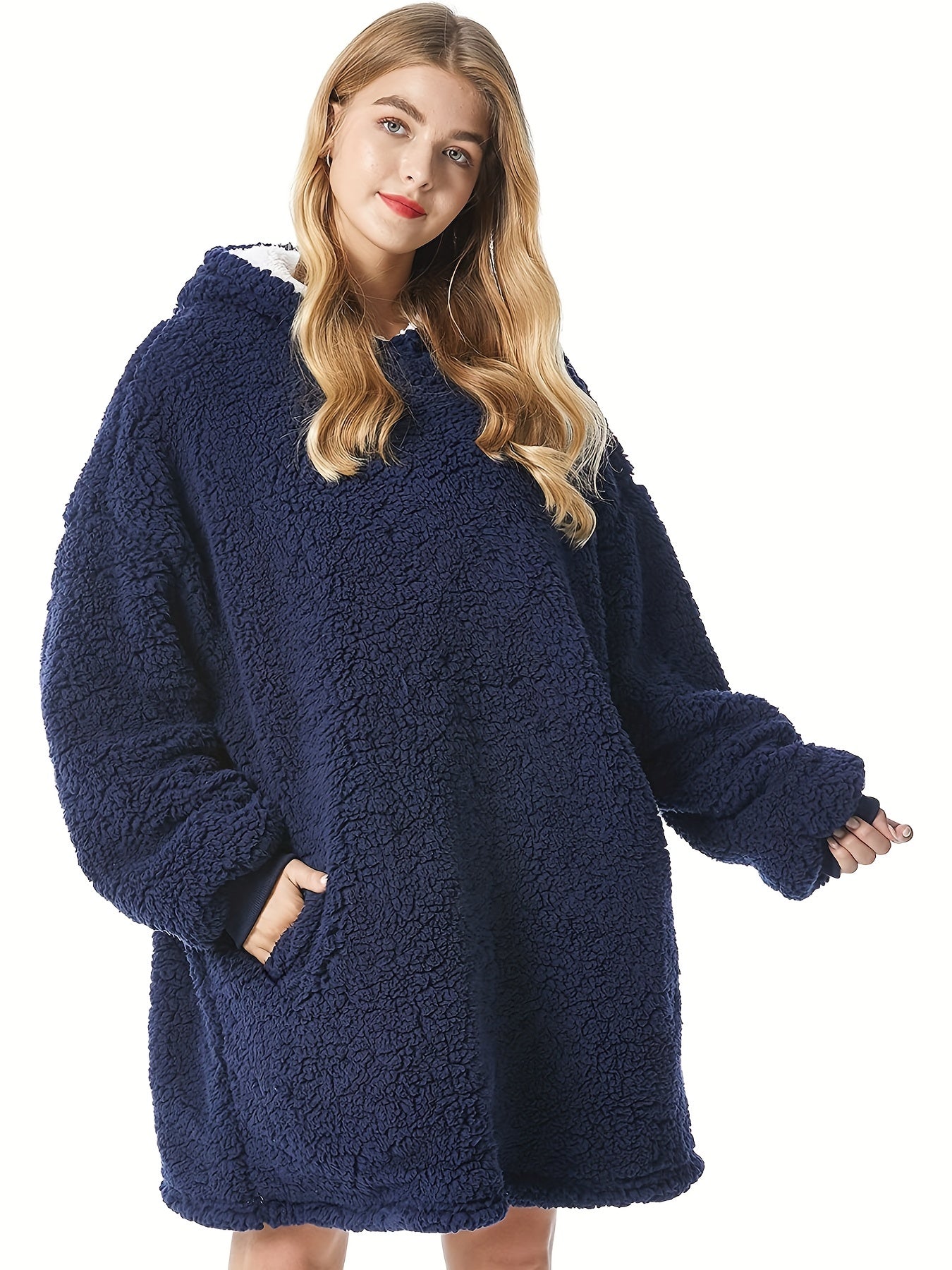 Solid Long Sleeve Hooded Robe Soft Teddy Fleece Blanket