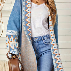 Geometric Print Open Front Cardigan with Pockets