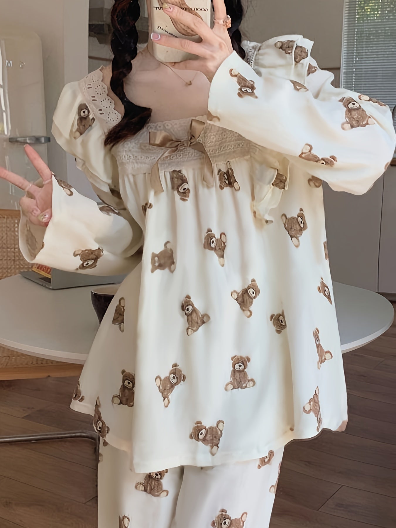 Teddy Bear Print Pajama Set Long Sleeve Square Neck Top & Lounge Pants