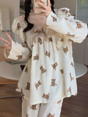 Teddy Bear Print Pajama Set Long Sleeve Square Neck Top & Lounge Pants