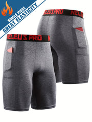 Men's Letter Print Compression Shorts With Pocket Athletic Base Layer